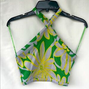 Zara Green & Yellow Floral Halter Crop Top Small